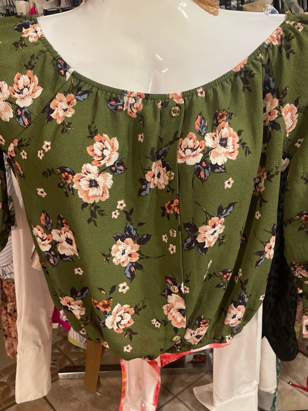 Papermoon Olive Green Floral Off-Shoulder Blouse with Peach Blooms